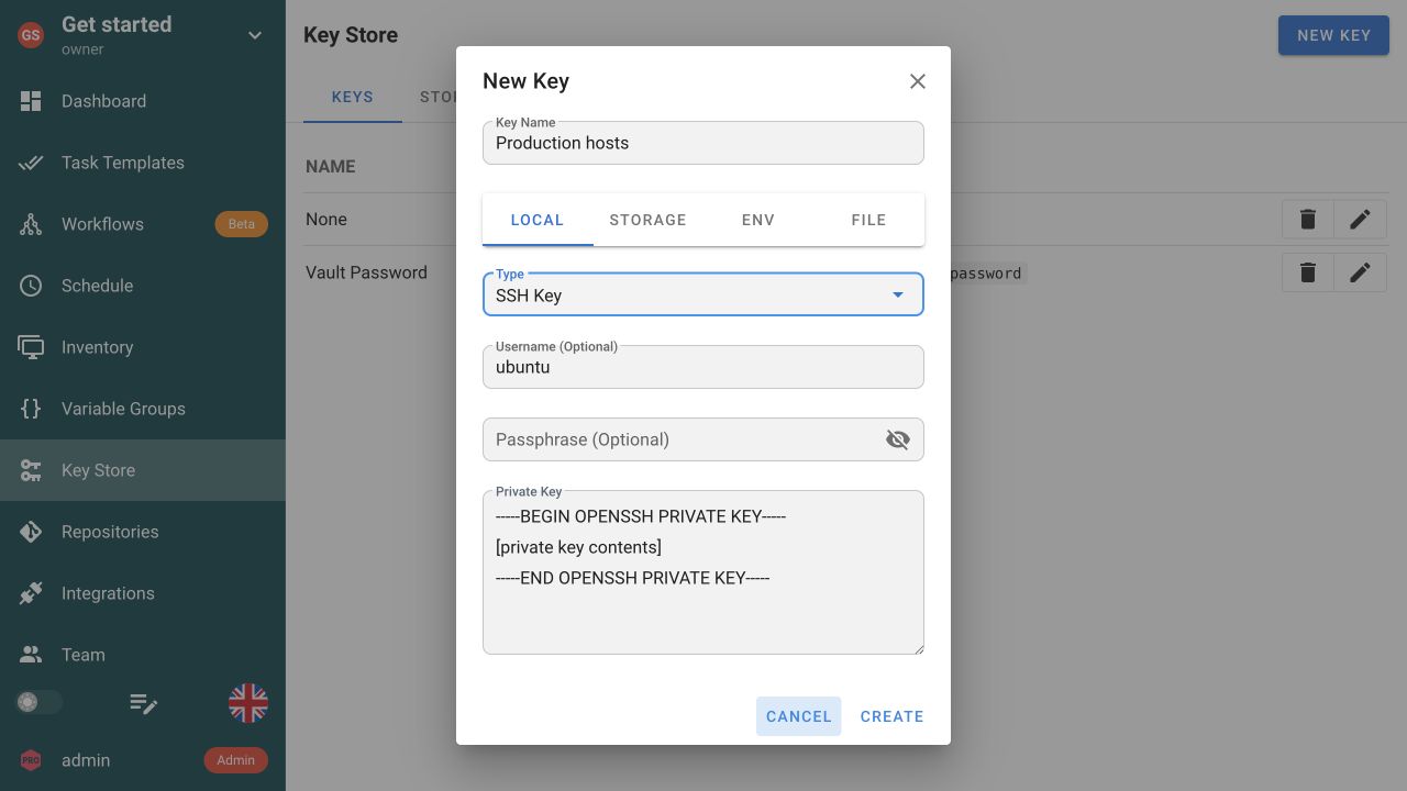 New SSH Key form for the account used on managed hosts