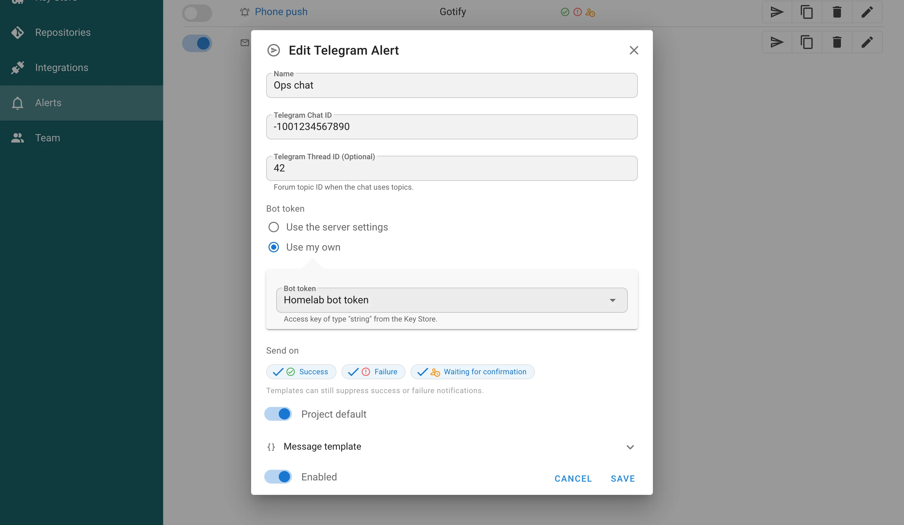 Telegram alert with an own bot token