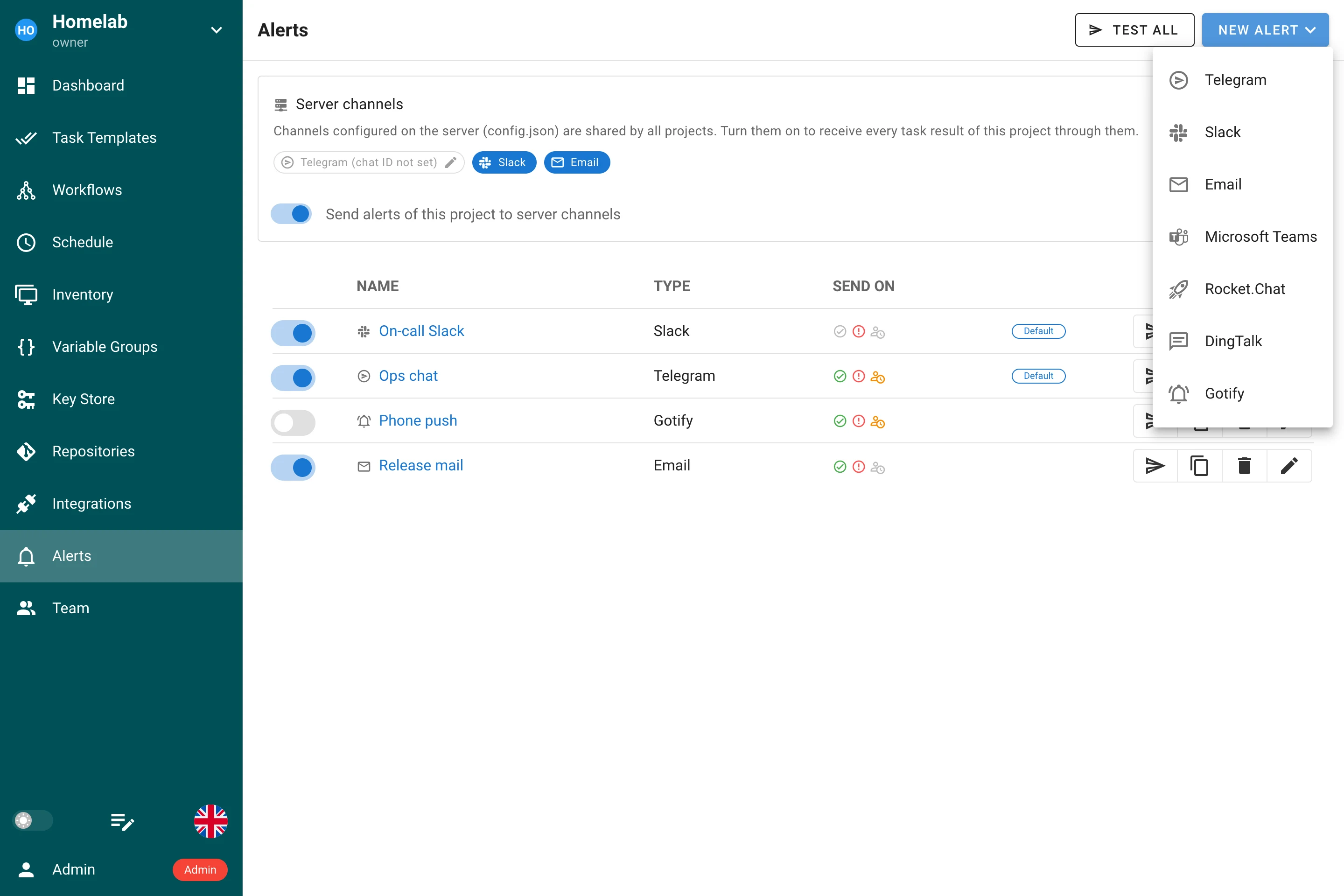 New Alert menu