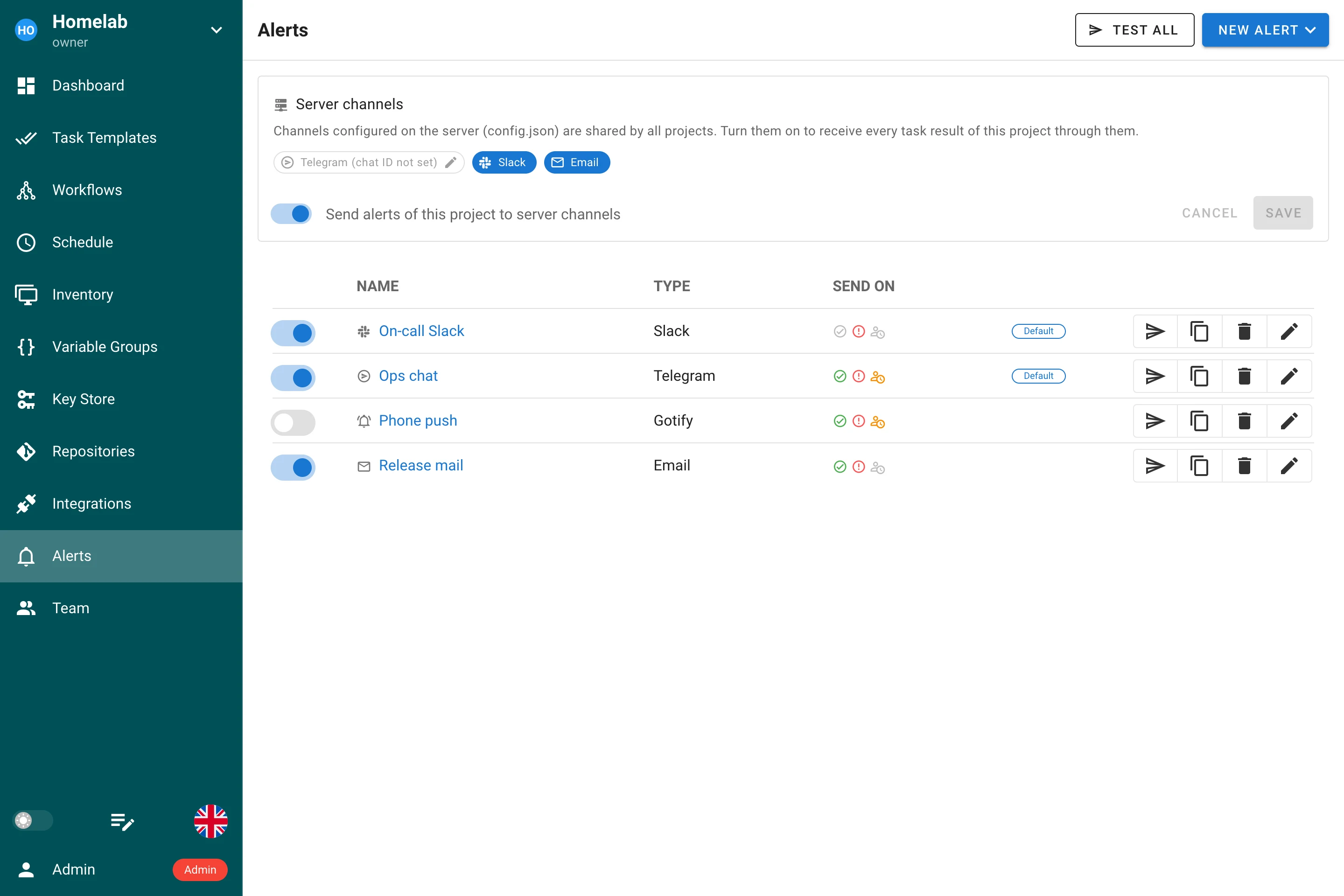Alerts tab of a project