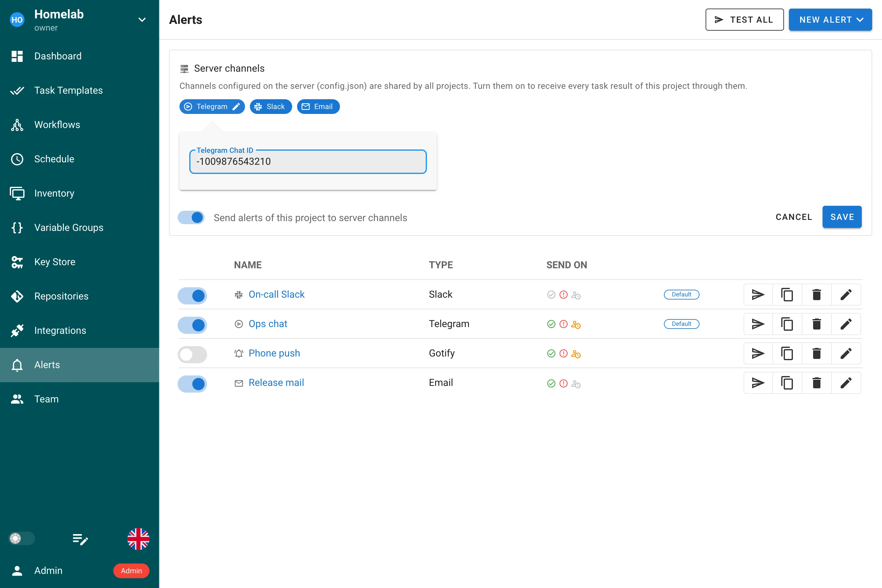 Server channels card with the Telegram chat ID opened