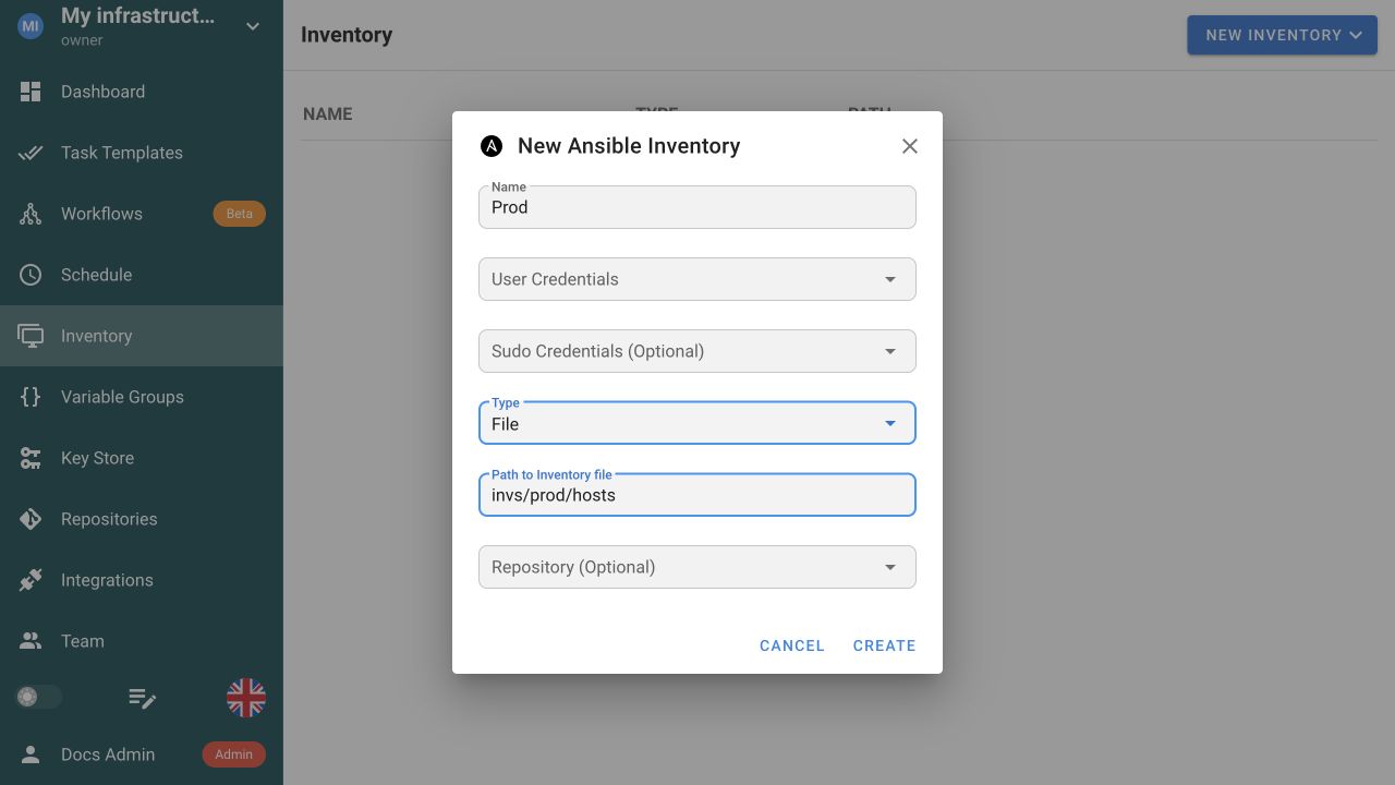 Ansible file inventory configured with the demo repository values