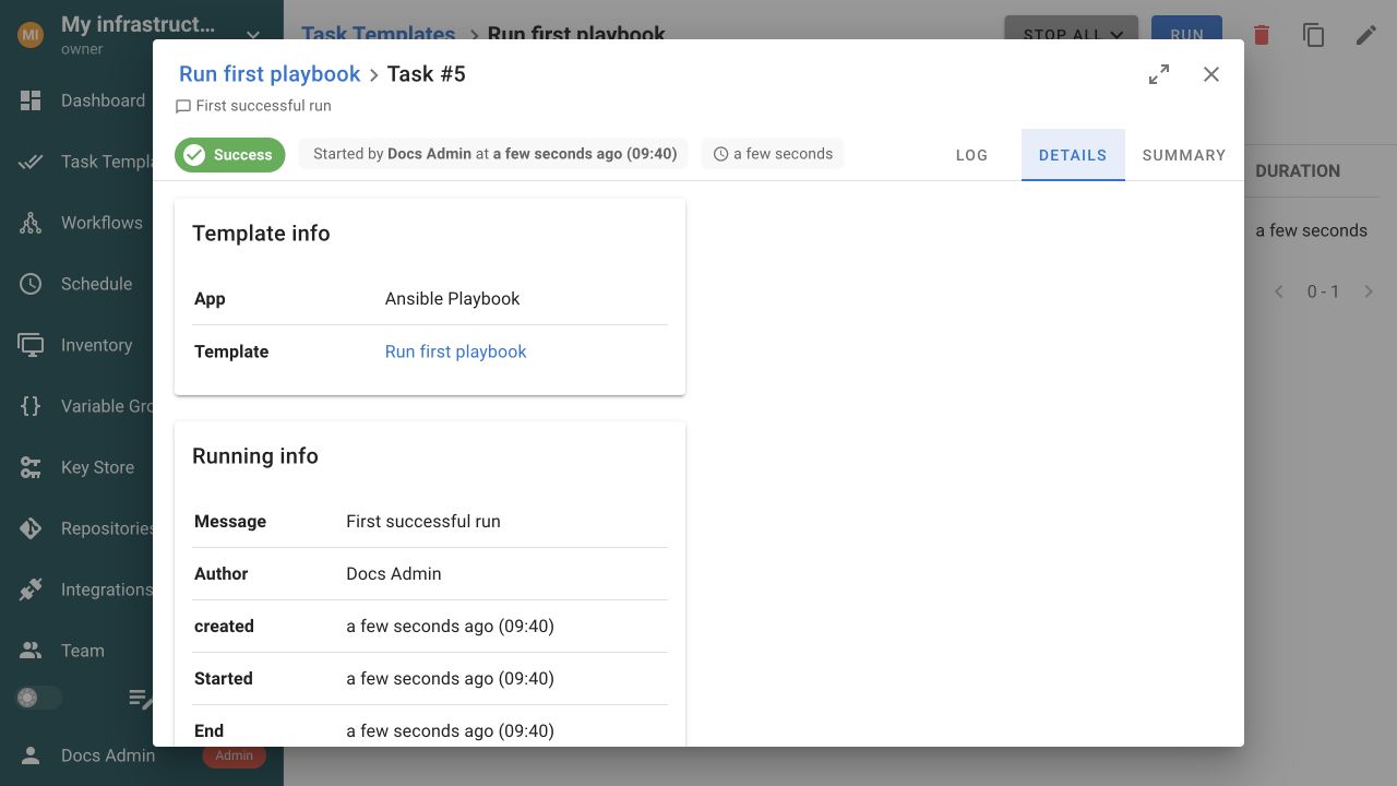 Task Details with template, commit, and timing information