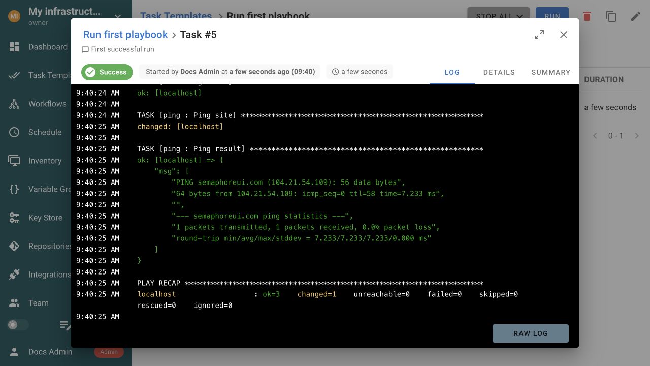 Successful Ansible task log with ping output and PLAY RECAP