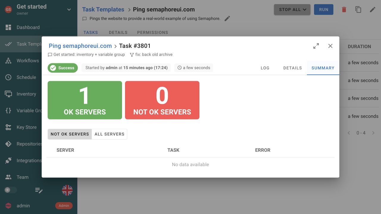 Task Summary with OK and Not OK host counts
