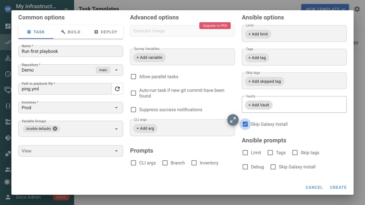 Ansible task template with its repository, inventory, and Variable Group