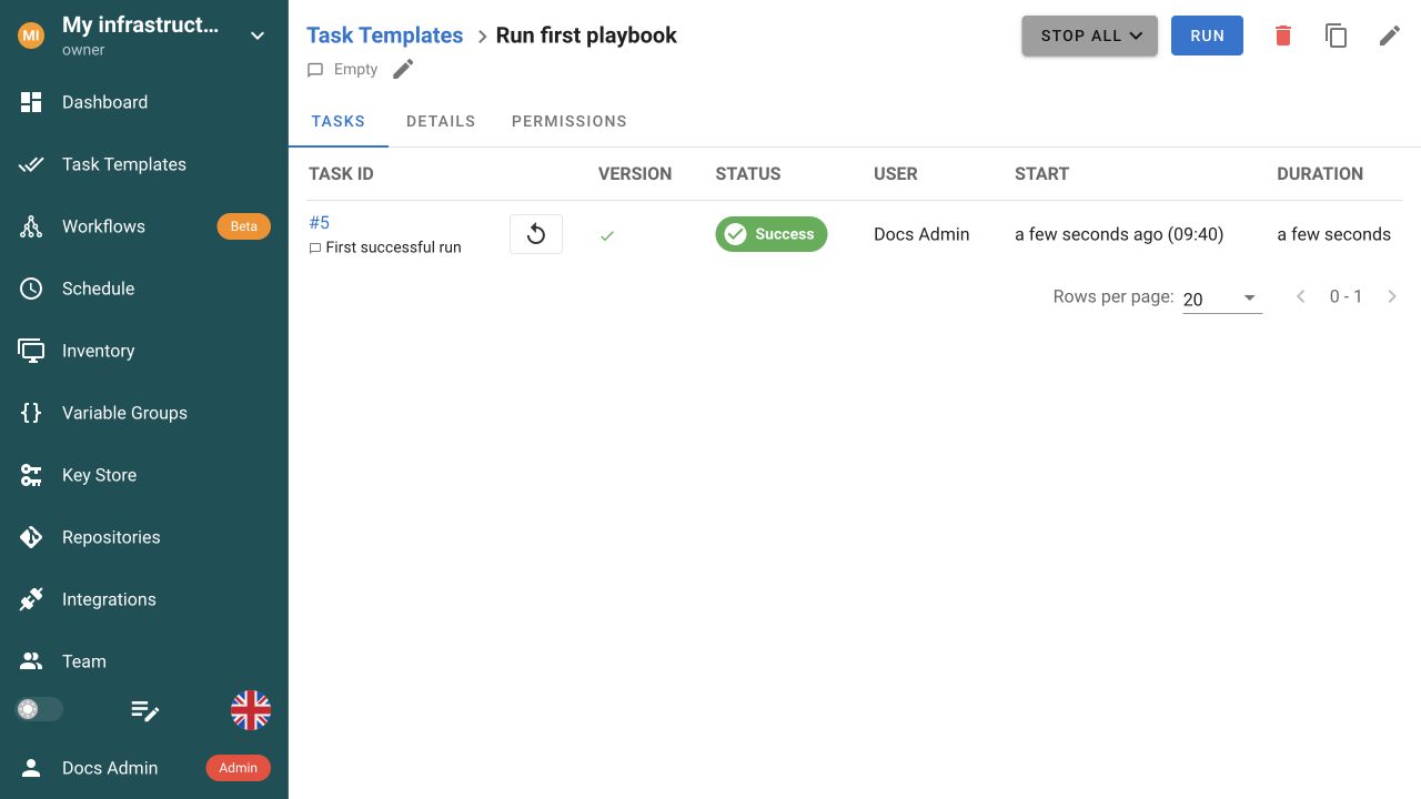 Ansible template history with successful task runs