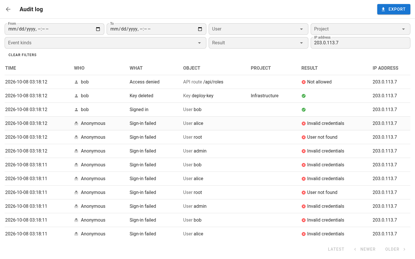 The log filtered by the address of an event