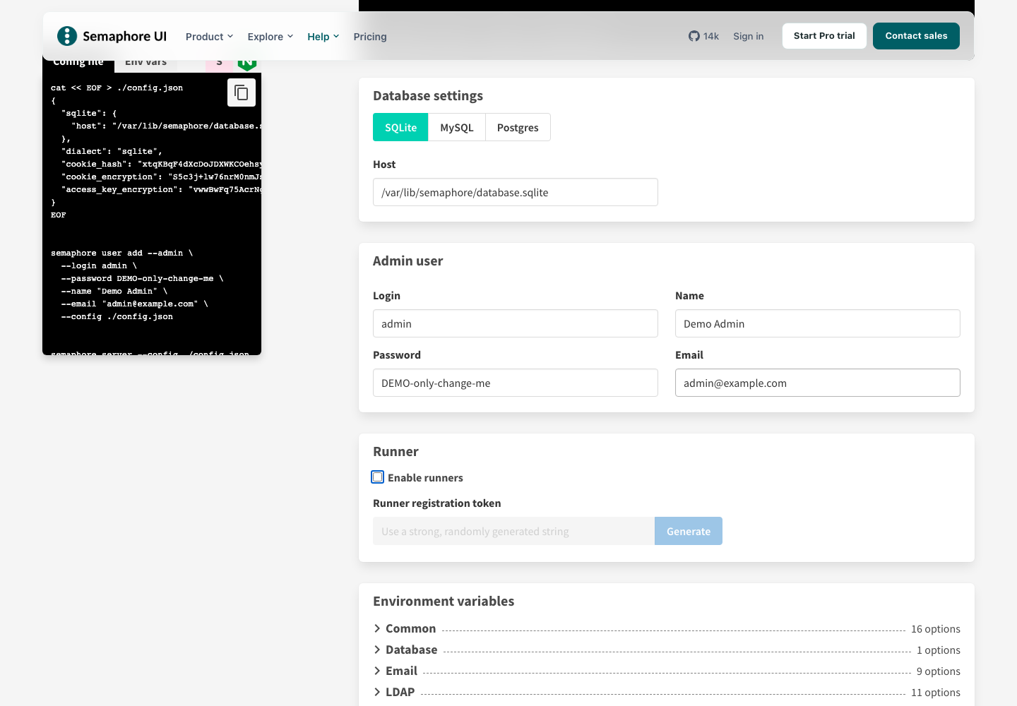 Database and administrator fields filled with demonstration values