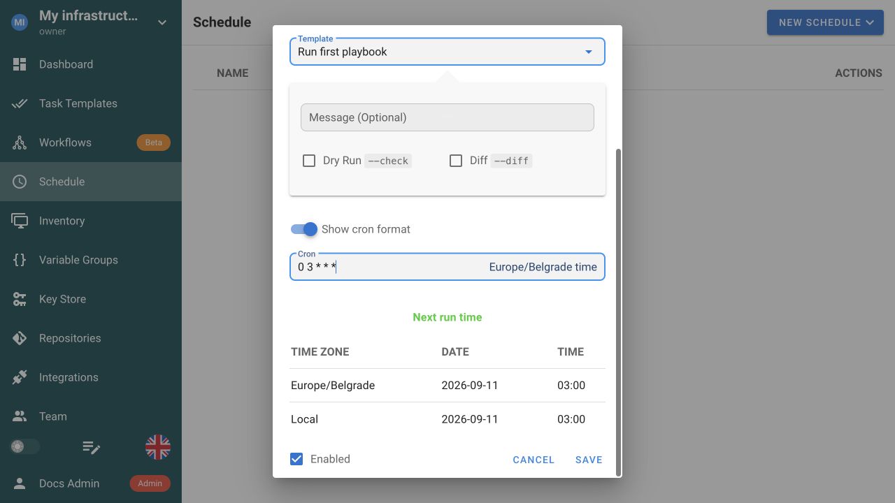 Cron schedule configured to run the example task every day at 03:00