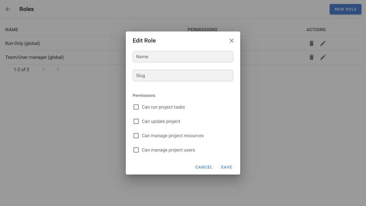 New Role dialog with fields and permission checkboxes