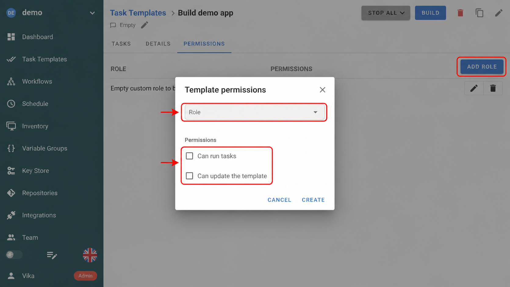Template permissions dialog with the required controls highlighted