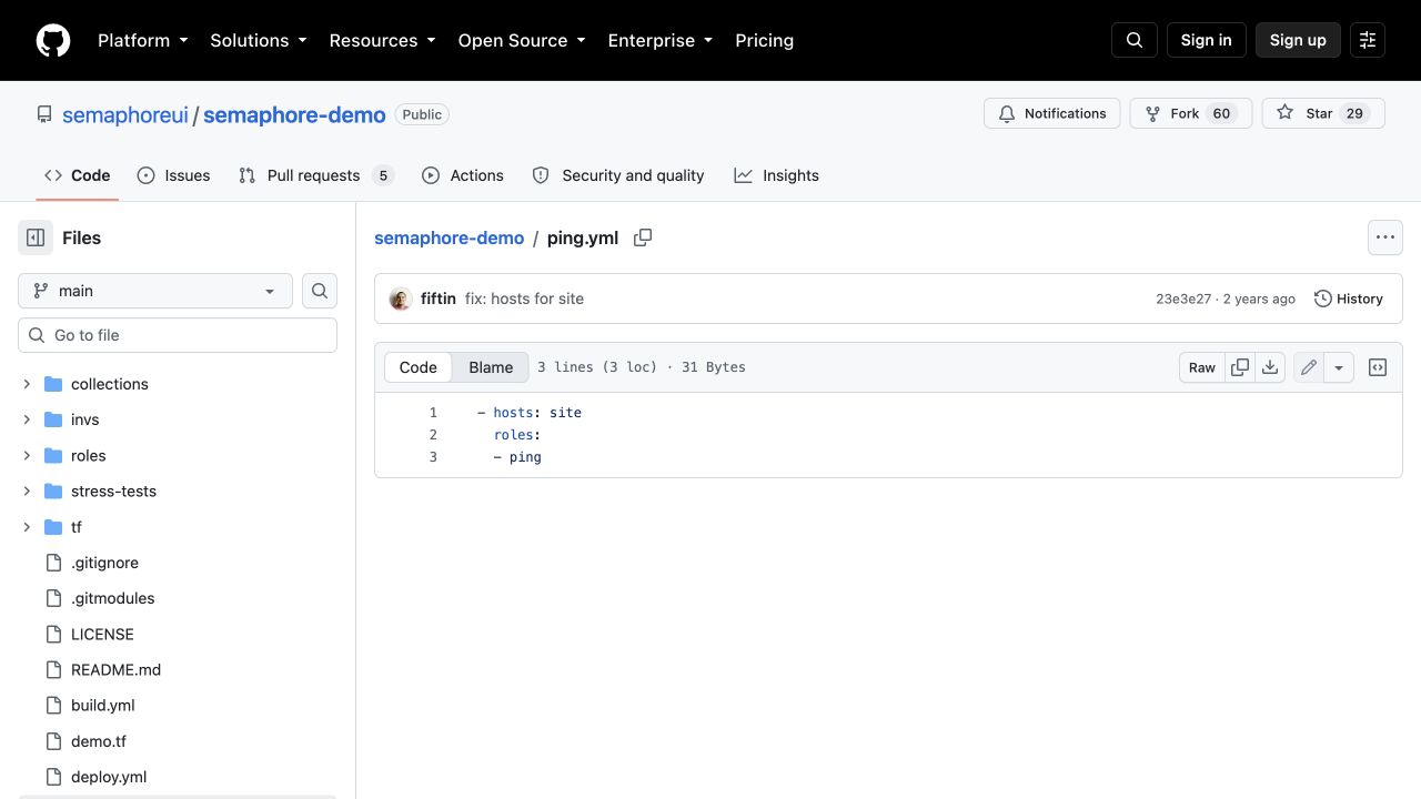 ping.yml in the connected GitHub repository