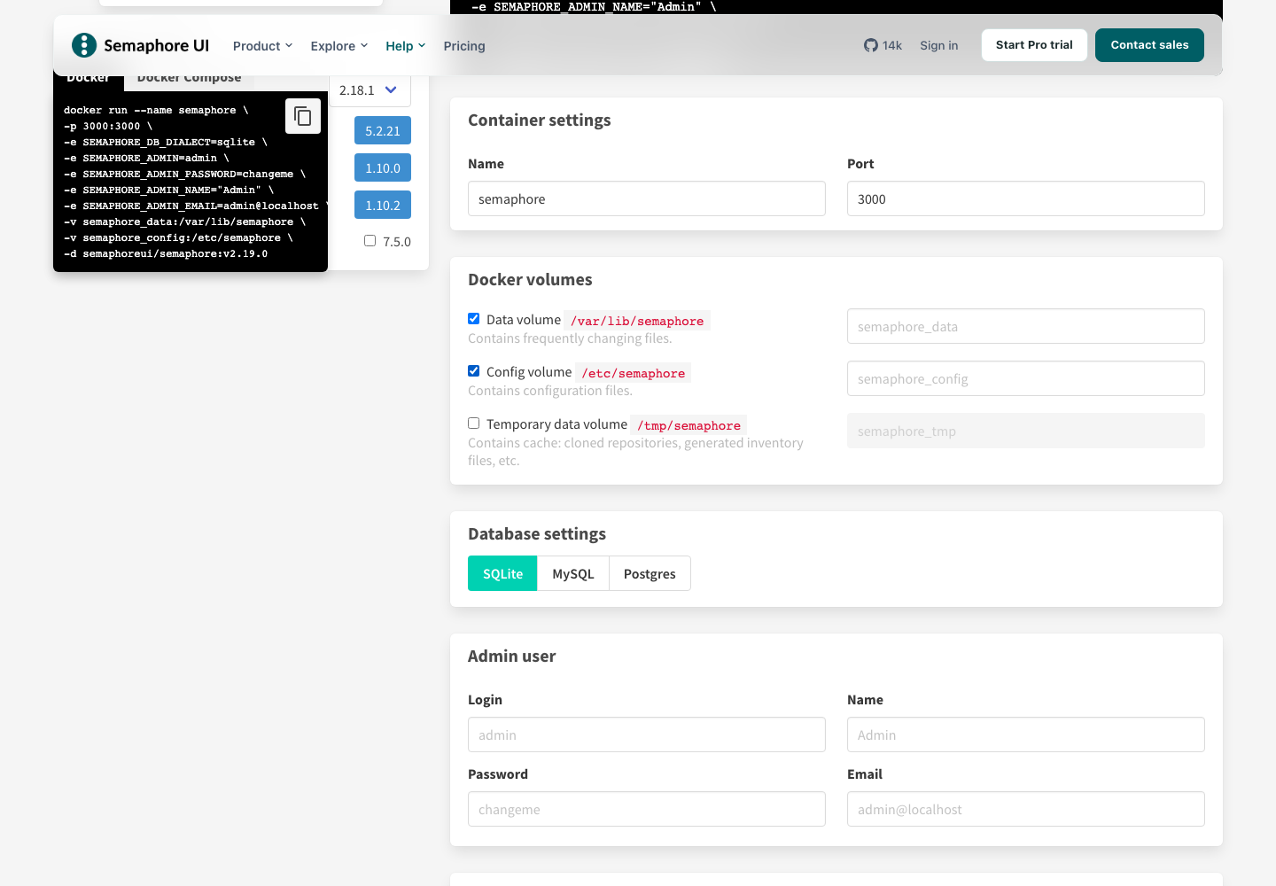 Docker container settings with persistent data and configuration volumes enabled