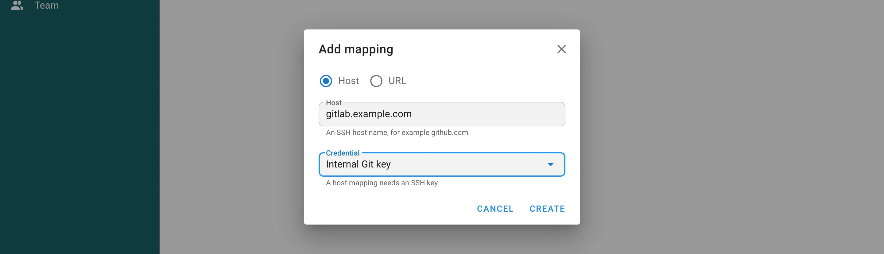 Add mapping dialog with the Host type selected