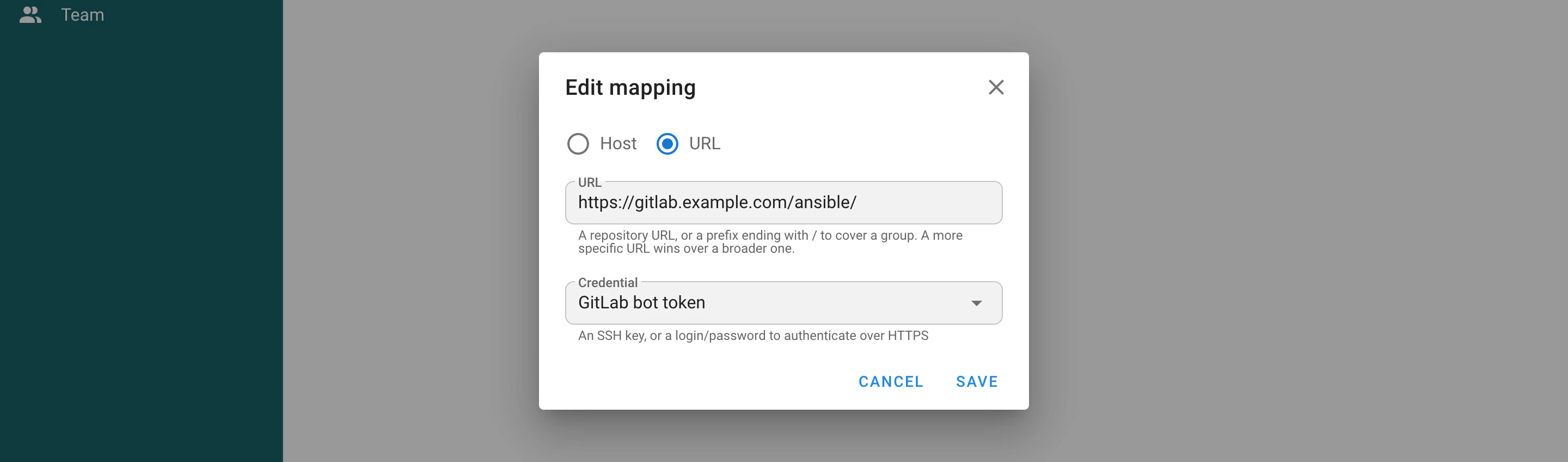 Edit mapping dialog with a URL mapping using a login with password