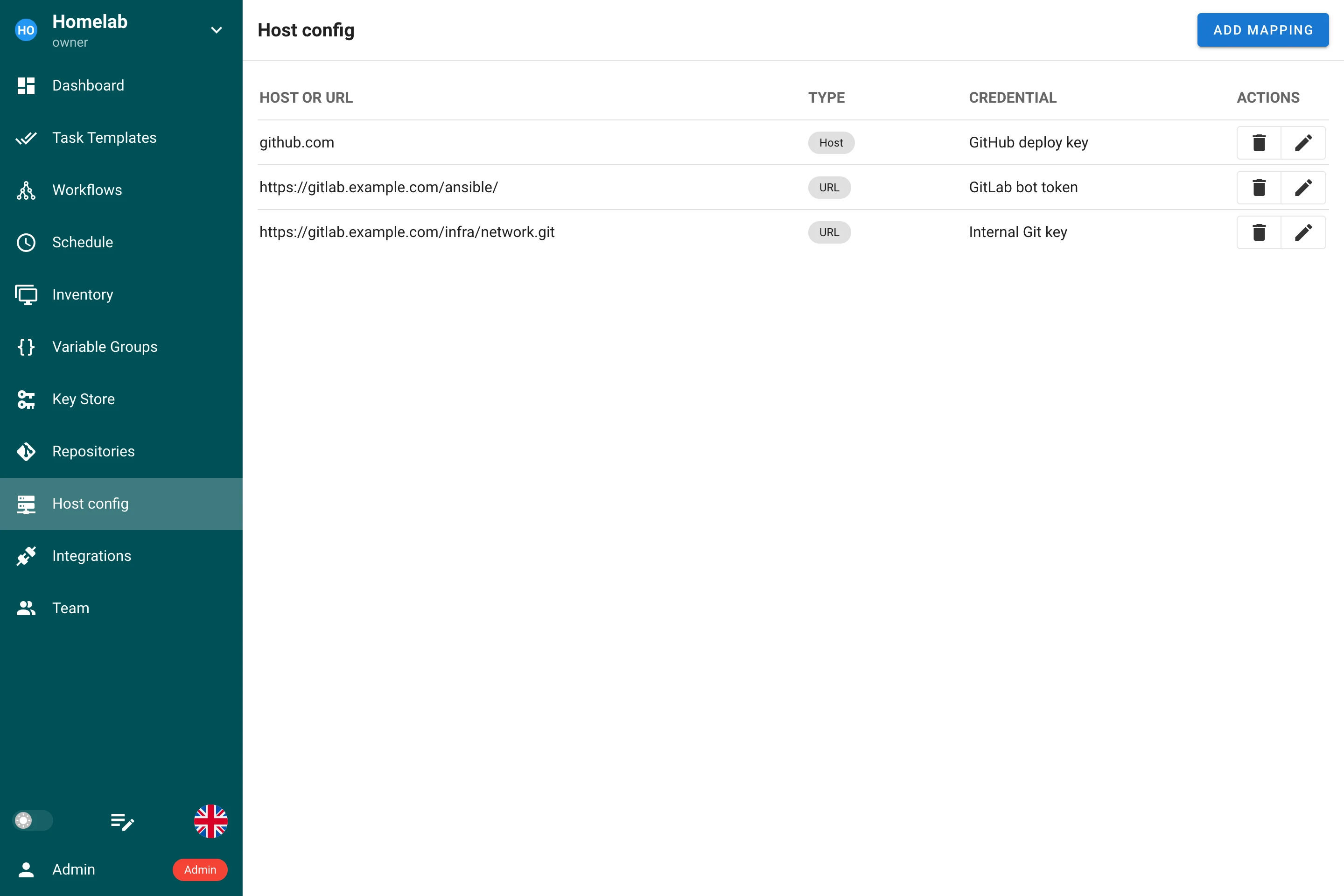 Host config page of a project with three mappings