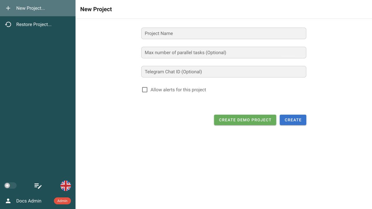 Empty New Project form with all available fields