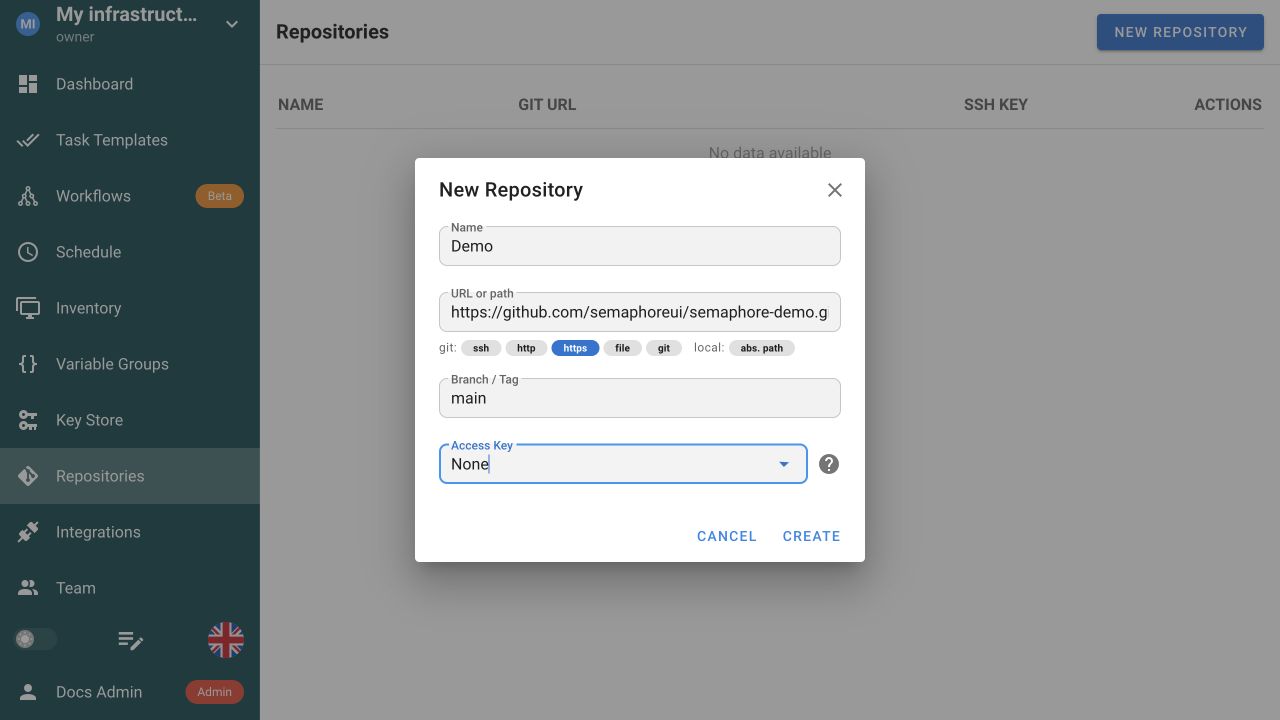 Repository form filled with the public Semaphore demo repository