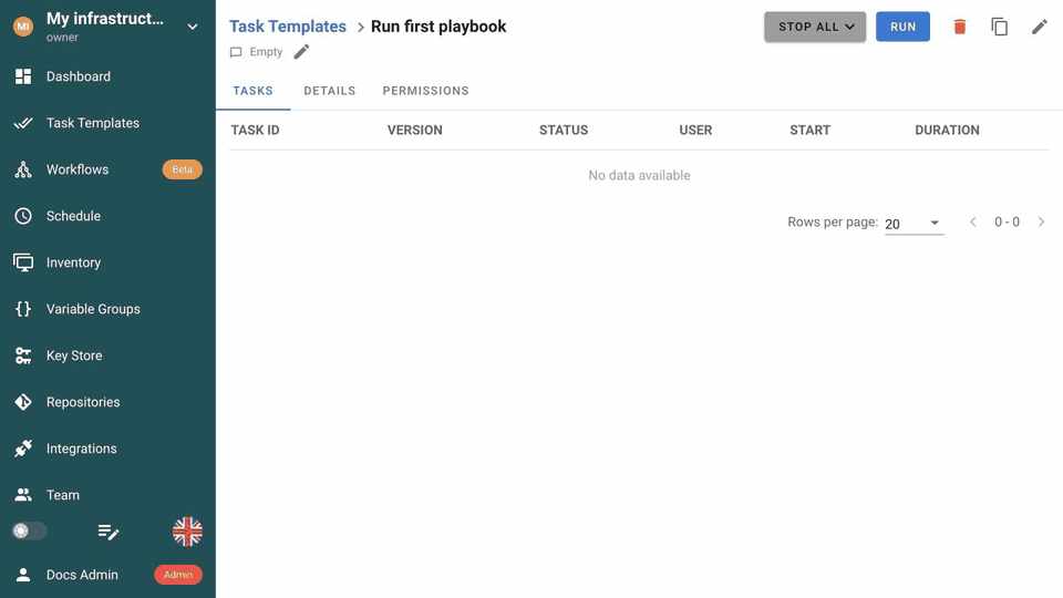 Running the Ansible task and inspecting its log and details