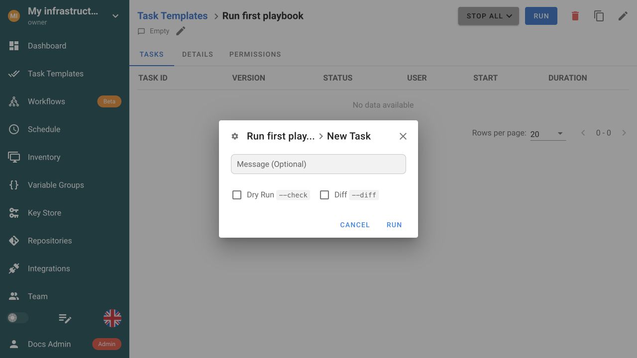 Clean New Task dialog for the Ansible playbook