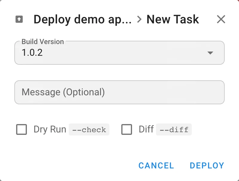 New Task dialog for a deploy template