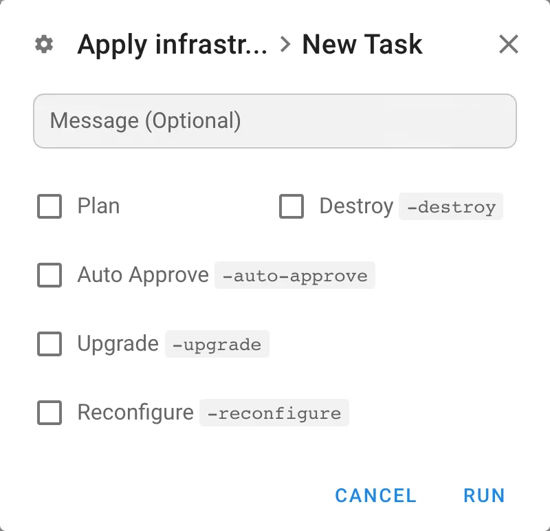 New Task dialog for a Terraform template