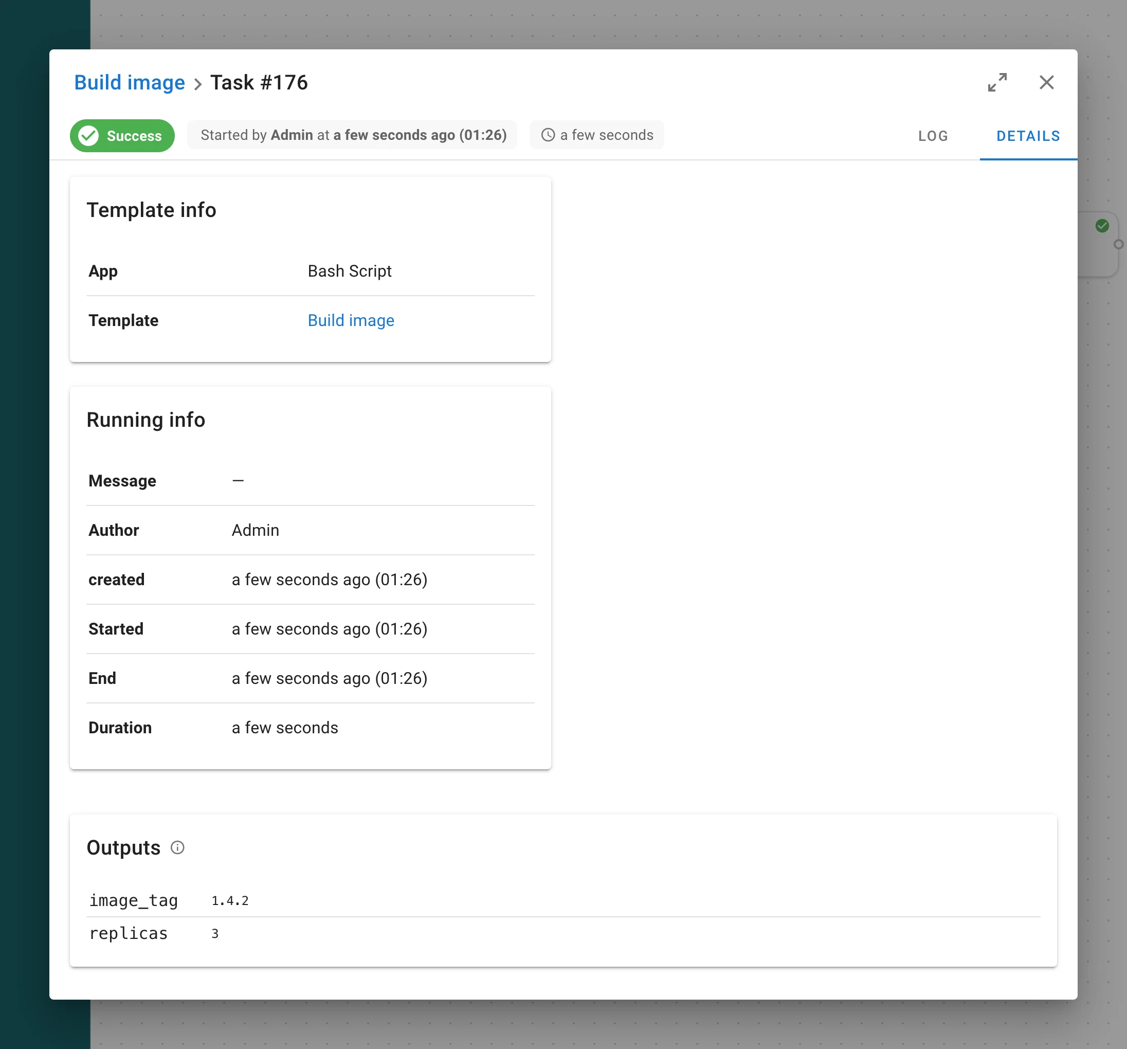Task dialog, Details tab: the Outputs table