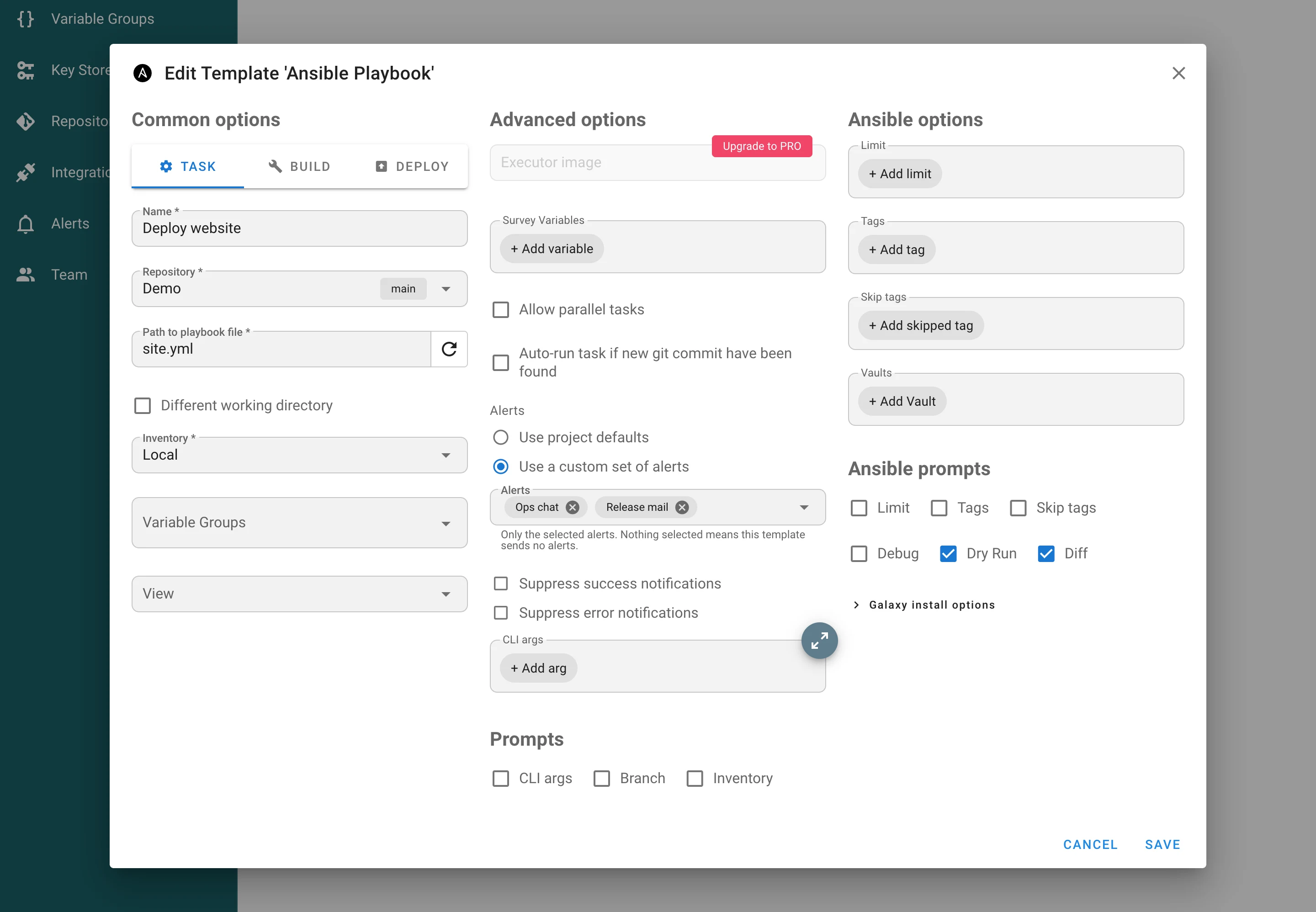 Task template with a custom set of alerts