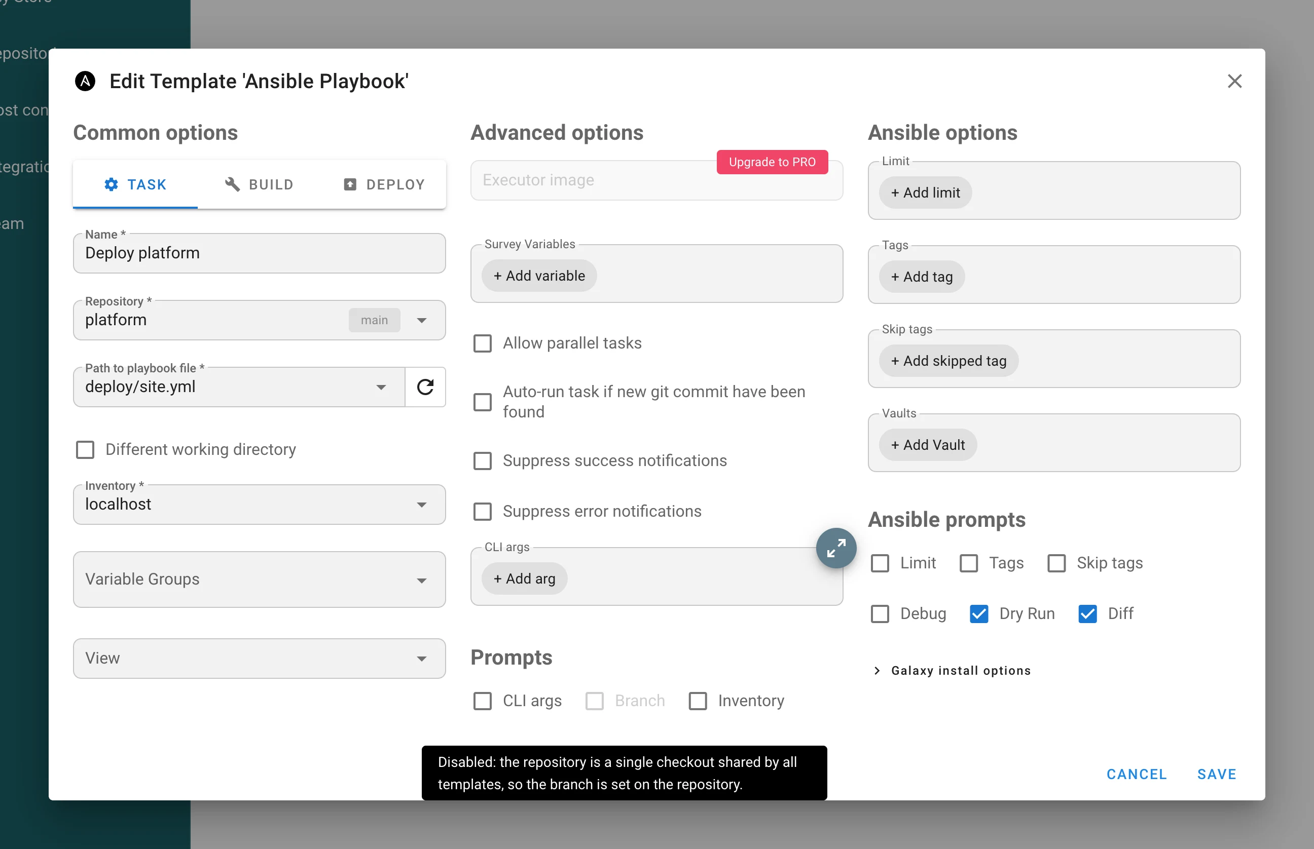 Template form on a monorepo repository: the Branch field and the Branch prompt are disabled
