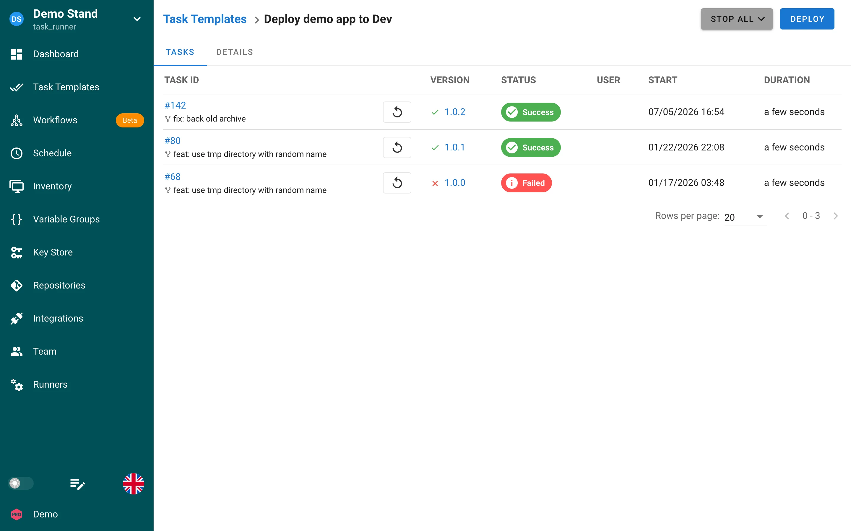 Template tasks with rerun buttons