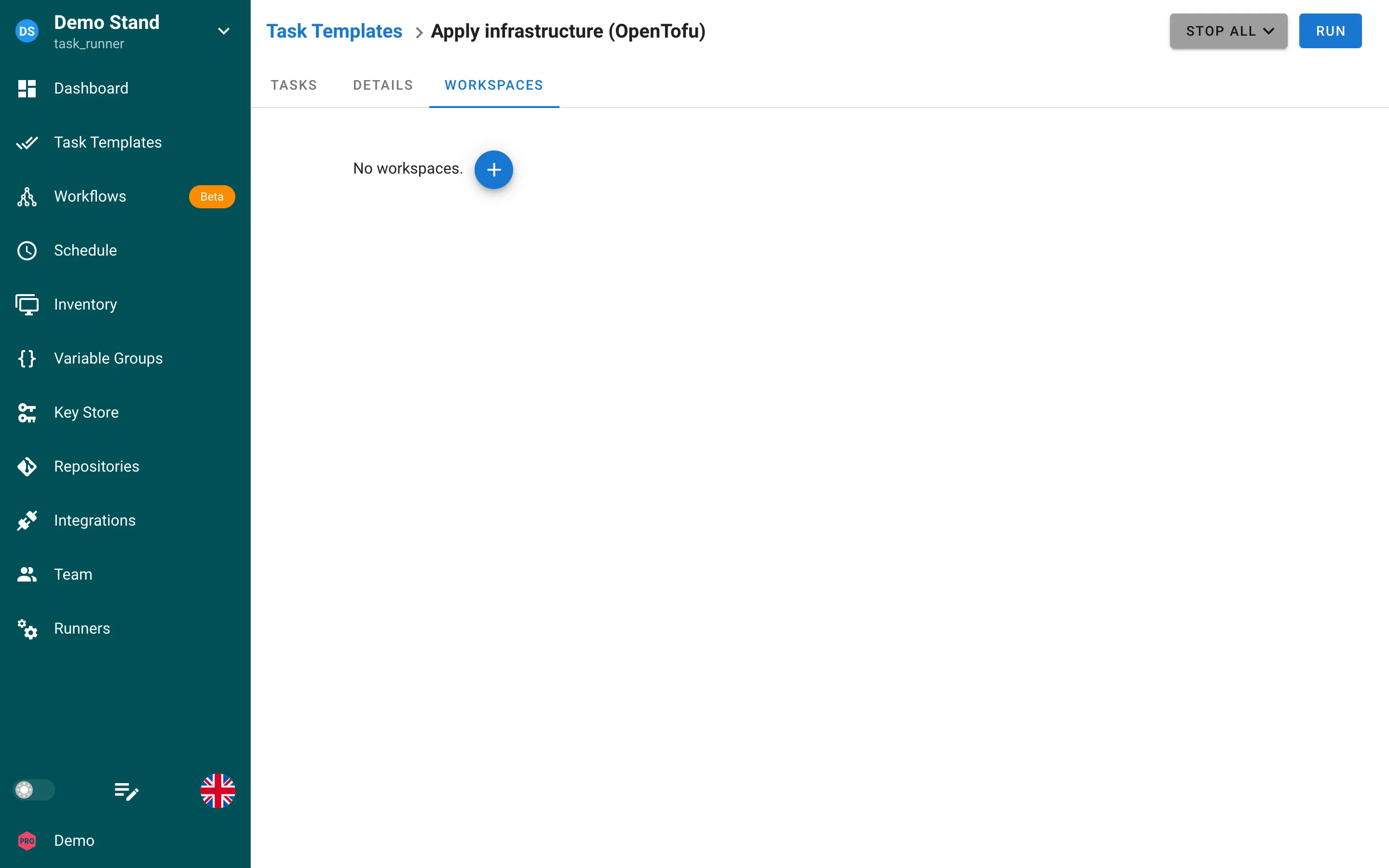 Workspaces tab of a template
