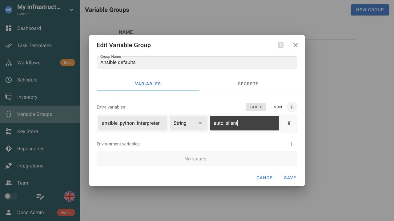 Variable Group configured in the table editor