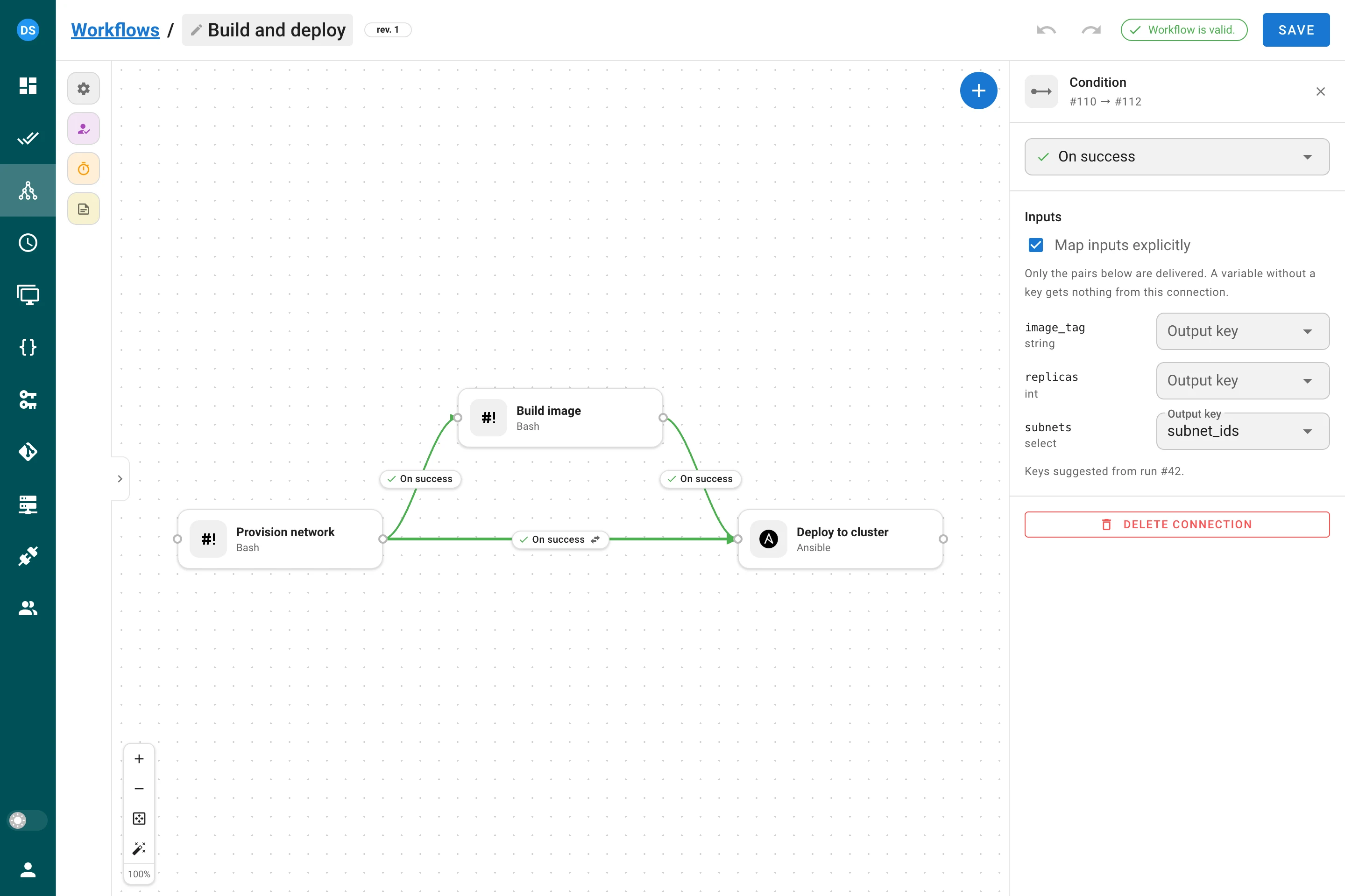 The connection panel with explicit mapping: one output key per survey variable