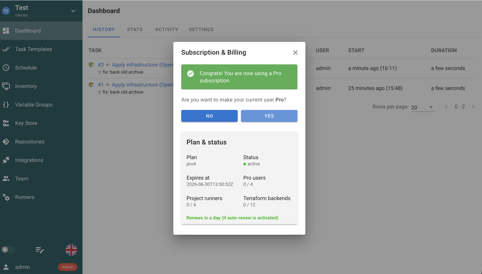 Subscription and Billing dialog after successful activation
