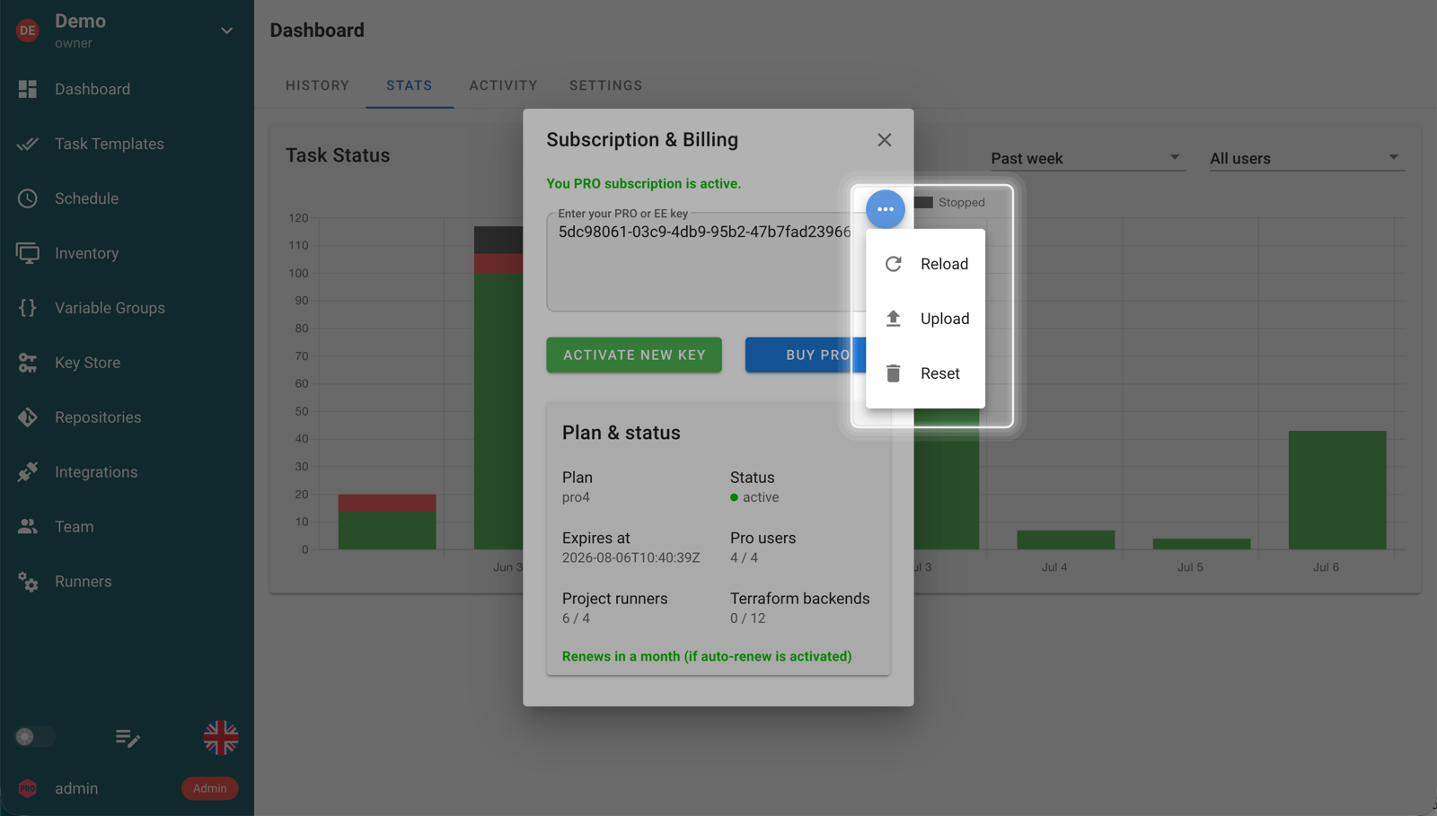 Subscription and Billing dialog with key actions