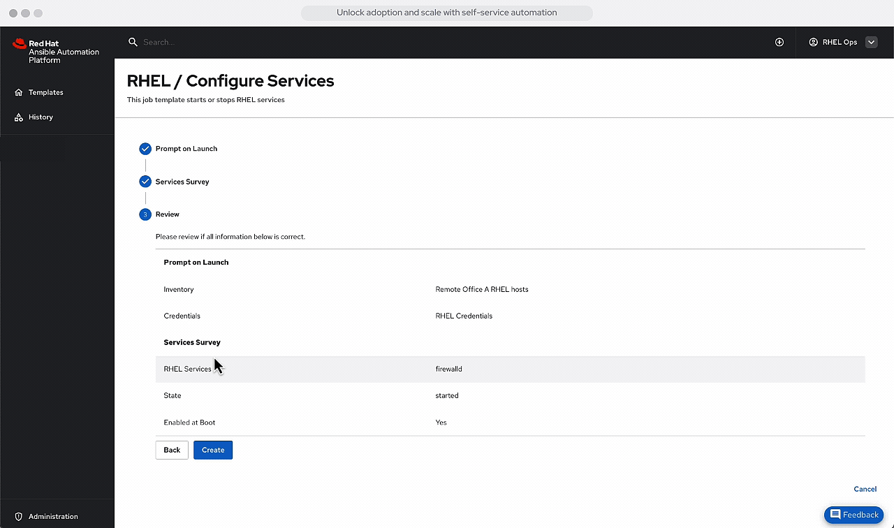 Ansible Automation Platform 2.6 self-service portal reviewing an inventory, credential and service survey before launch.