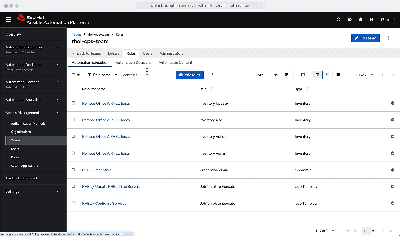 Ansible Automation Platform 2.6 team roles for inventories, credentials and job templates.