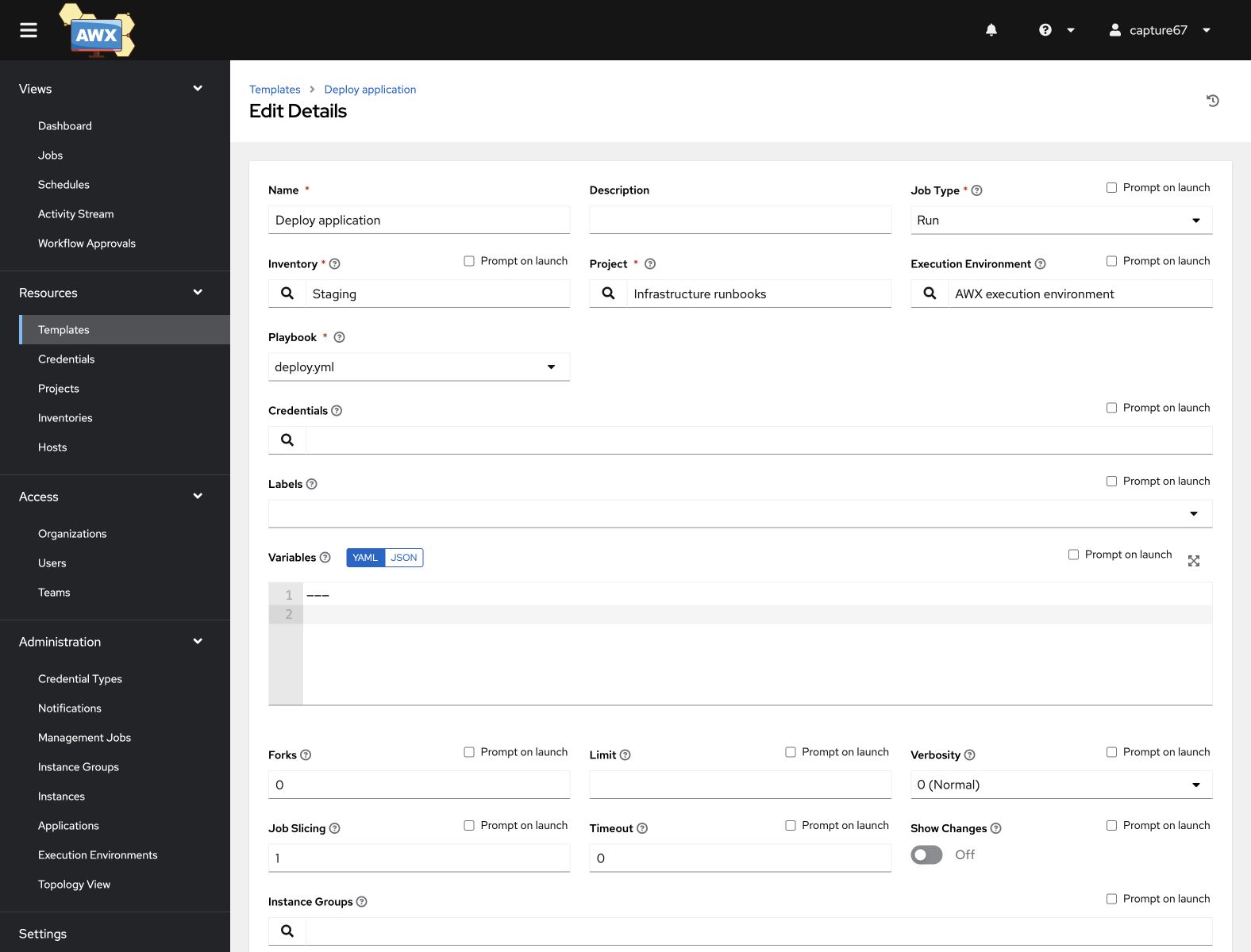 AWX uređivač Job Template-a sa projektom, inventarom, playbook datotekom, akreditivima i izvršnim okruženjem.