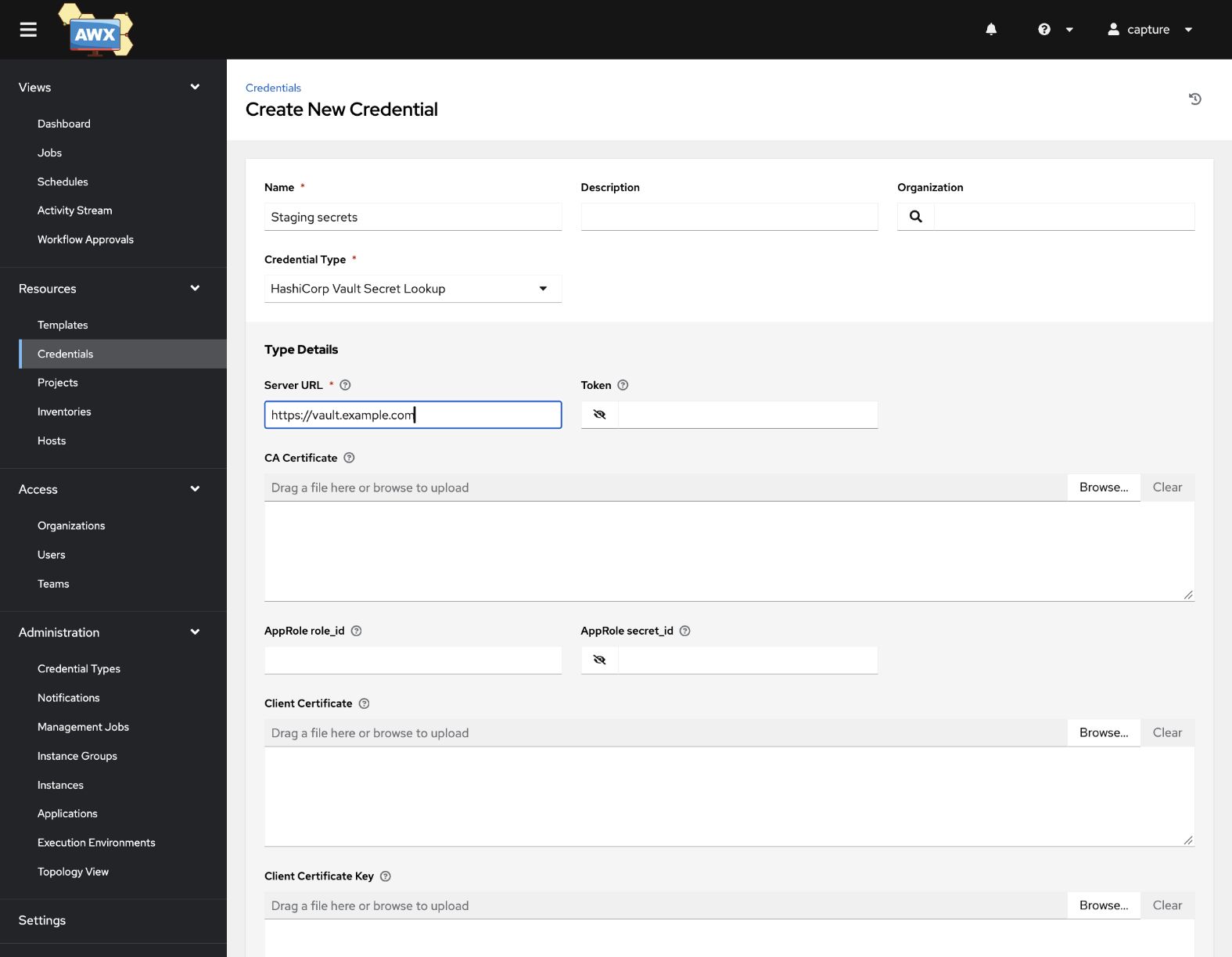 AWX HashiCorp Vault Secret Lookup obrazac akreditiva sa poljima povezivanja i autentifikacije.