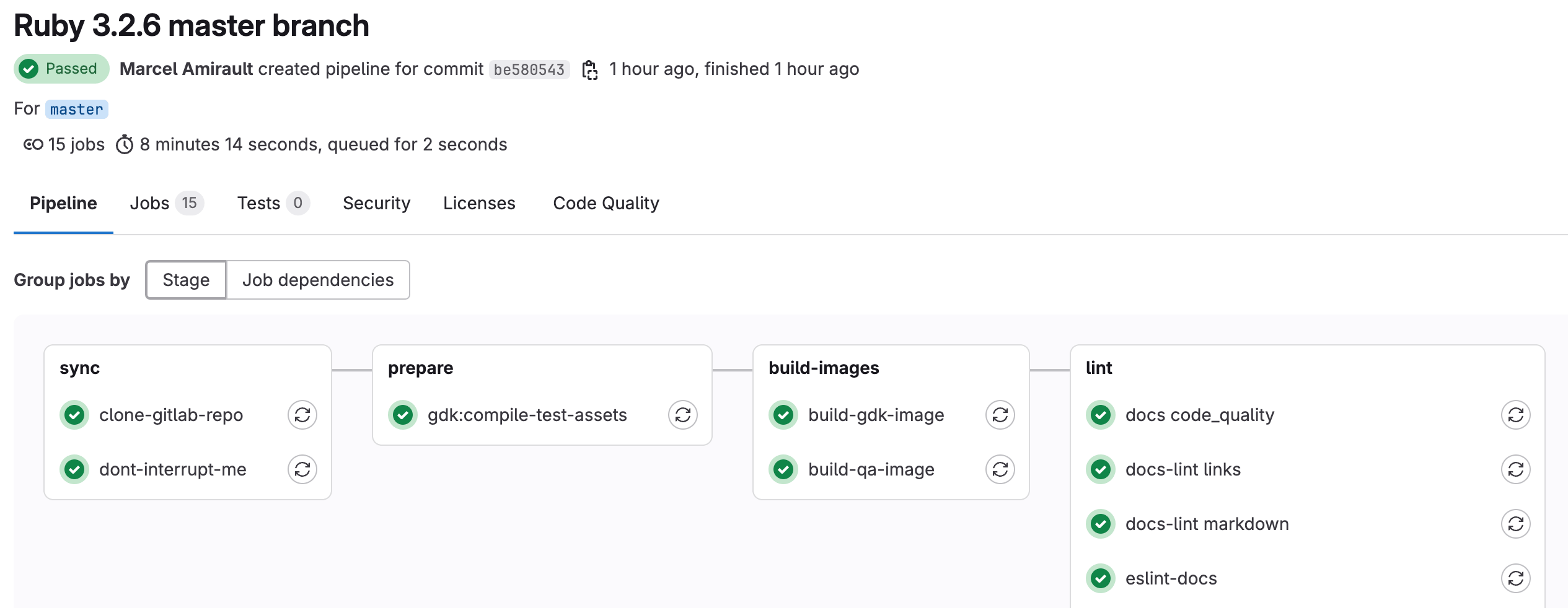 Detalji GitLab pipelinea sa poslovima grupisanim po fazama.