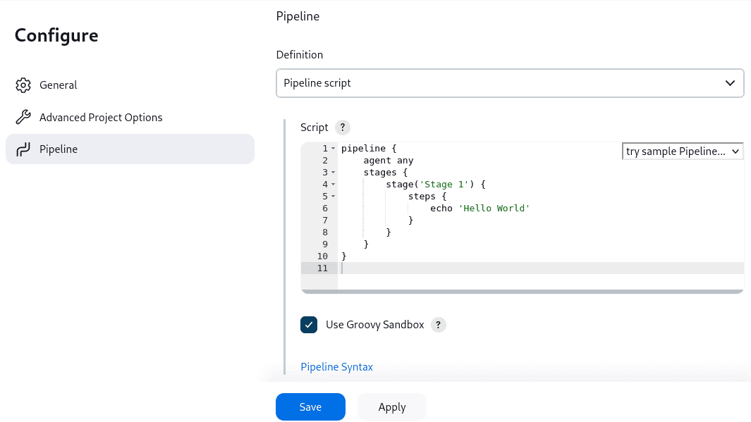 Jenkins editor konfiguracije Pipelinea sa prikazom pipeline skripte, opcije Groovy sandbox i dugmeta Save.
