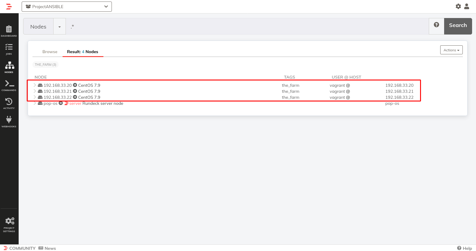 Rundeck Nodes ekran prikazuje hostove uvezene iz Ansible inventara, njihove tagove i ciljne adrese.