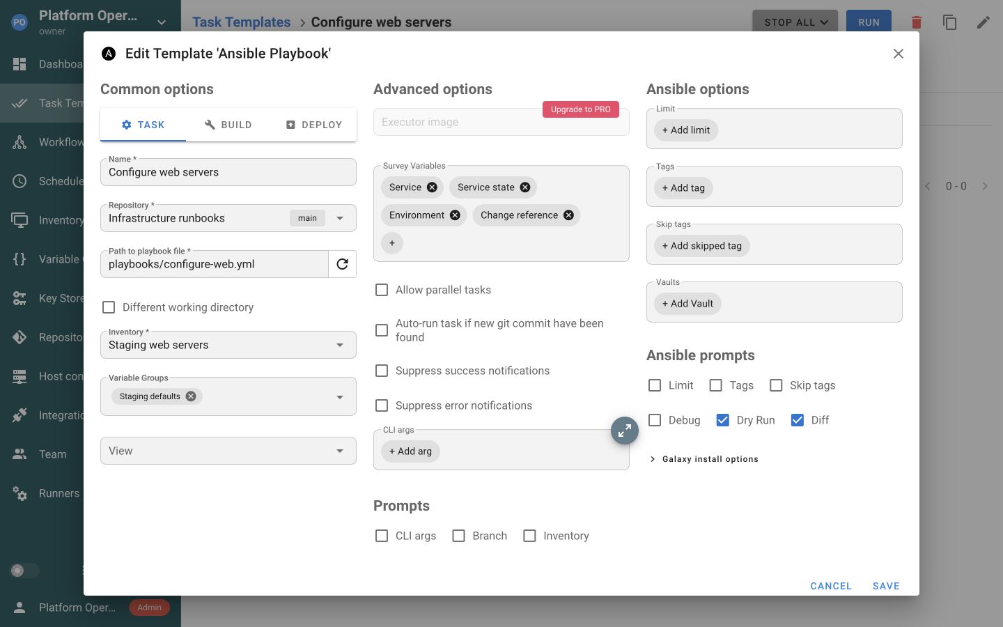 Konfiguracija Semaphore UI Ansible Task Template šablona sa repozitorijumom, playbookom, inventarom i promenljivima za ponovnu upotrebu.