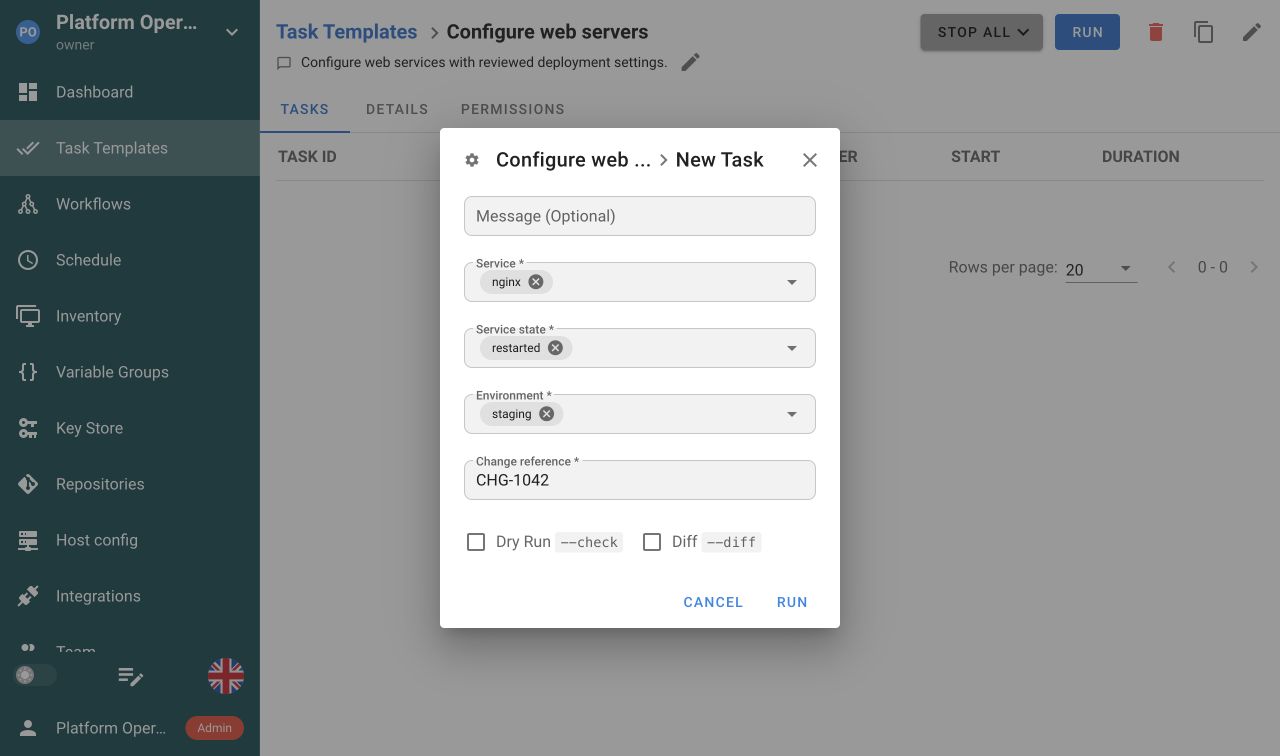 Semaphore UI launch form with selected service, service state, environment and change reference.