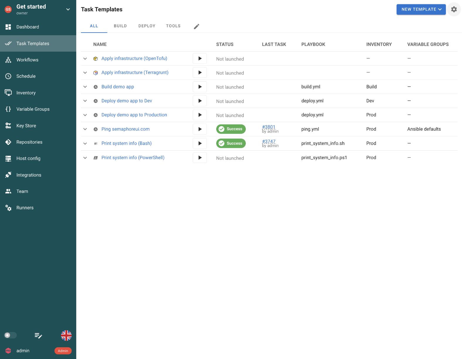 Semaphore UI task templates for several automation tools in one project.