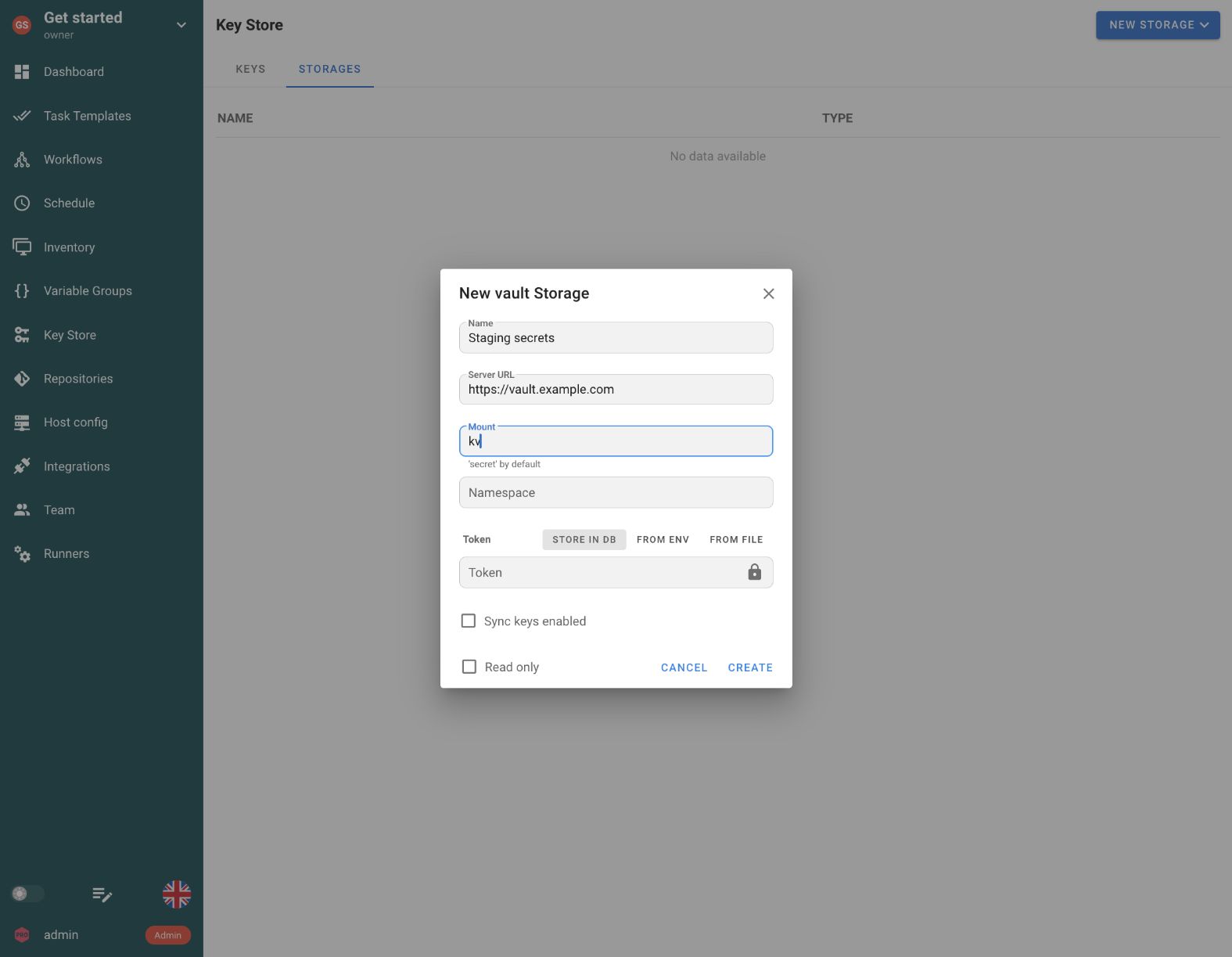 Semaphore UI Vault obrazac skladišta sa URL-om servera, mount putanjom, namespace-om i izvorima tokena.
