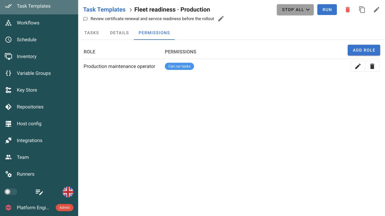 Semaphore UI template permissions showing a Production maintenance operator role allowed to run tasks.