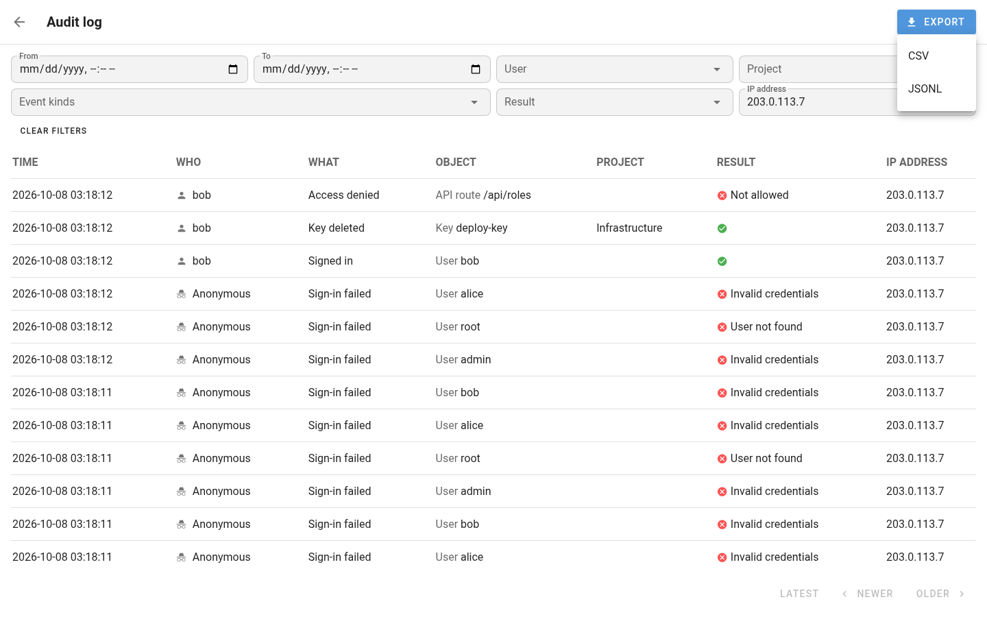 Upcoming Semaphore UI log view with user, project, event, result and IP filters.