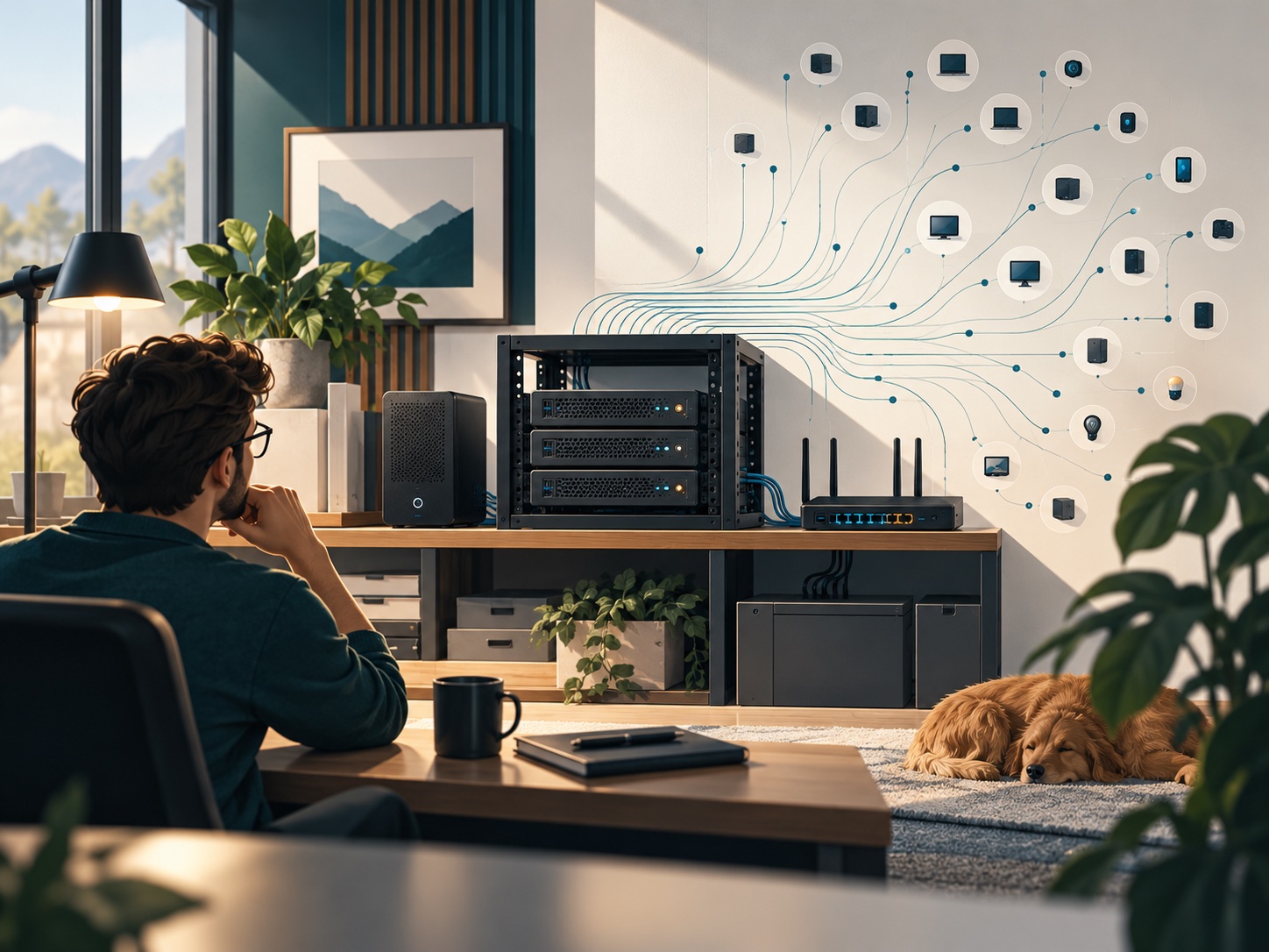 Compact self-hosted homelab with a small rack and connected devices.
